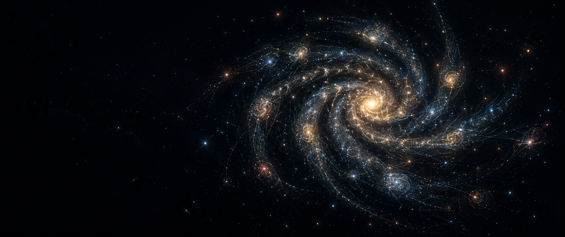 An abstract galaxy of connected stars gathering around a warm central light.